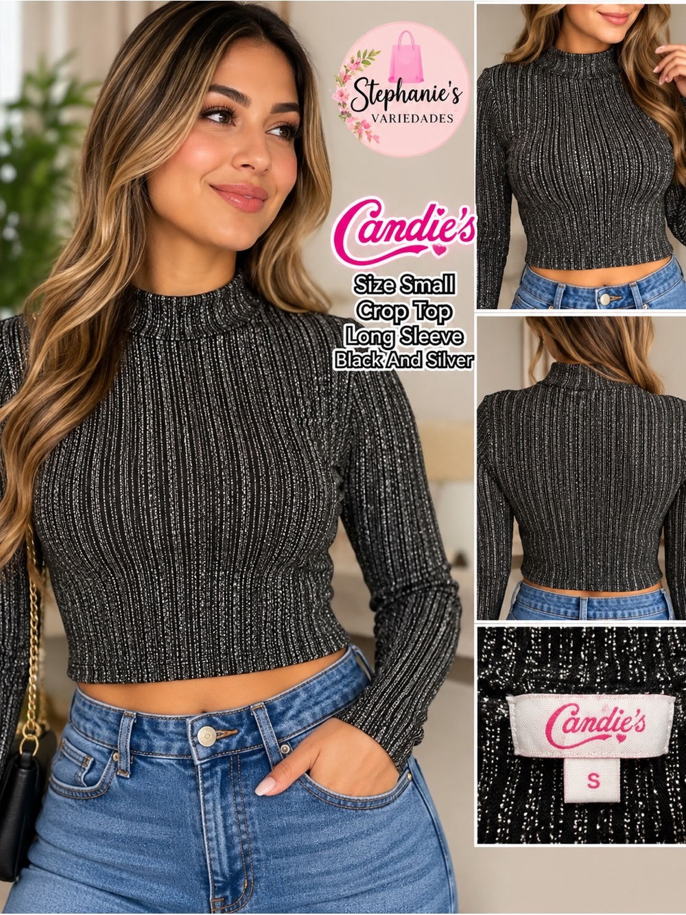 Candie's Black & Silver Ribbed Mock Neck Long-Sleeve Crop Top